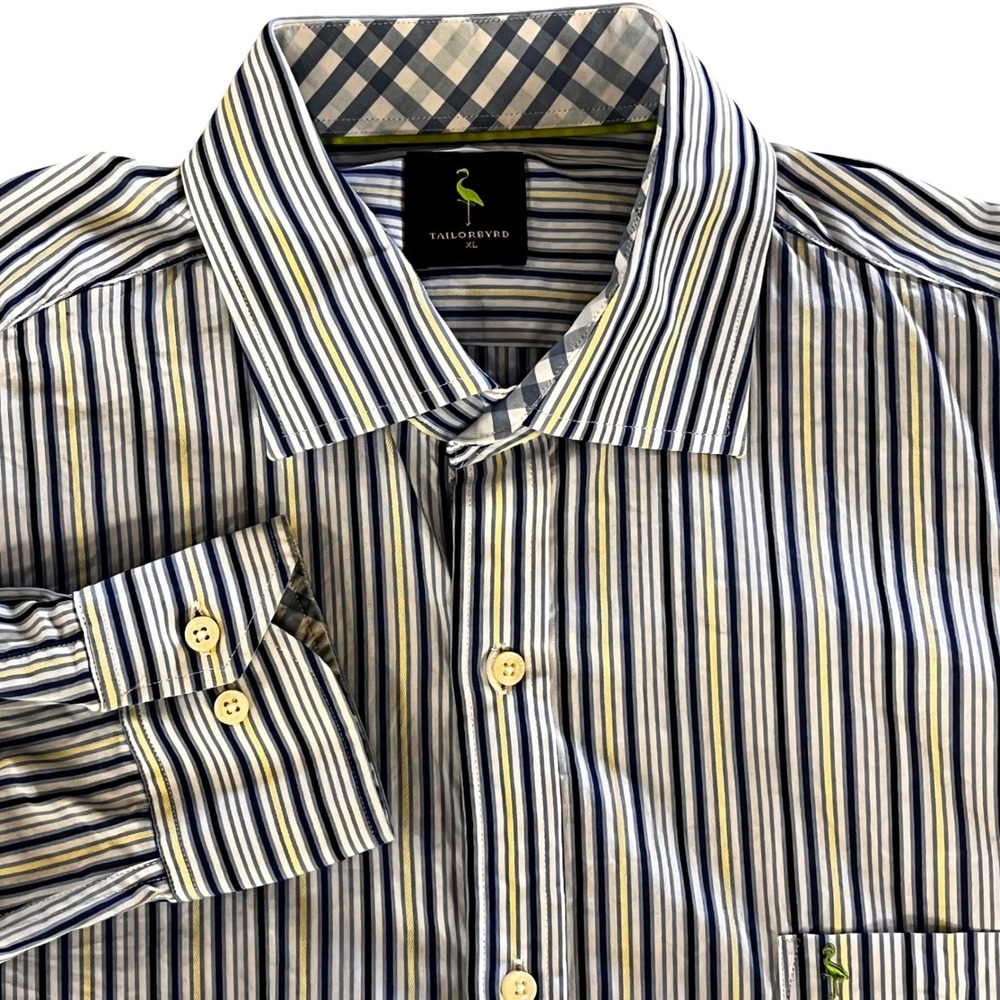 Tailorbyrd Mens XL Blue Yellow Striped Long Sleeve Button Down Shirt Flamingo